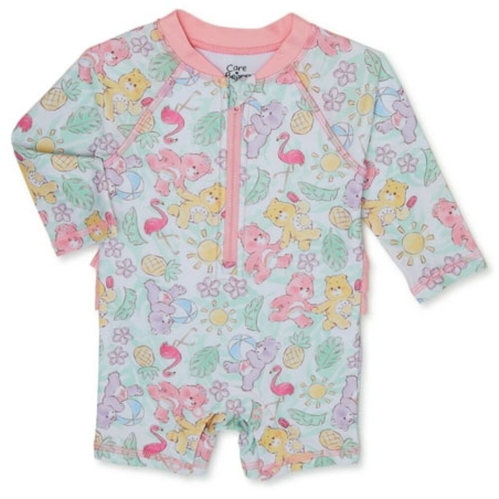 NWT Care Bears Baby Girl Long Sleeve Rashguard Swimsuit 0-3M UPF 50 Ruffle